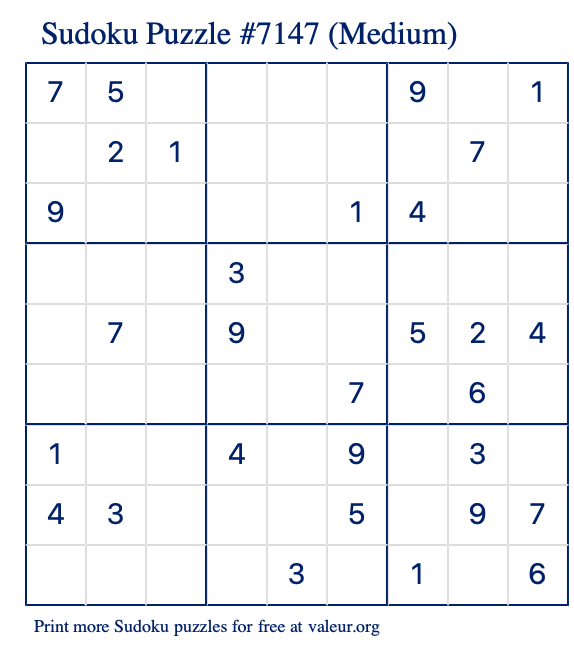 Free Printable Medium Sudoku Puzzle number 7147