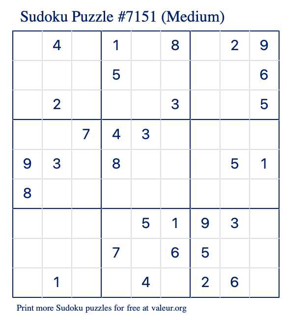 Free Printable Medium Sudoku Puzzle number 7151