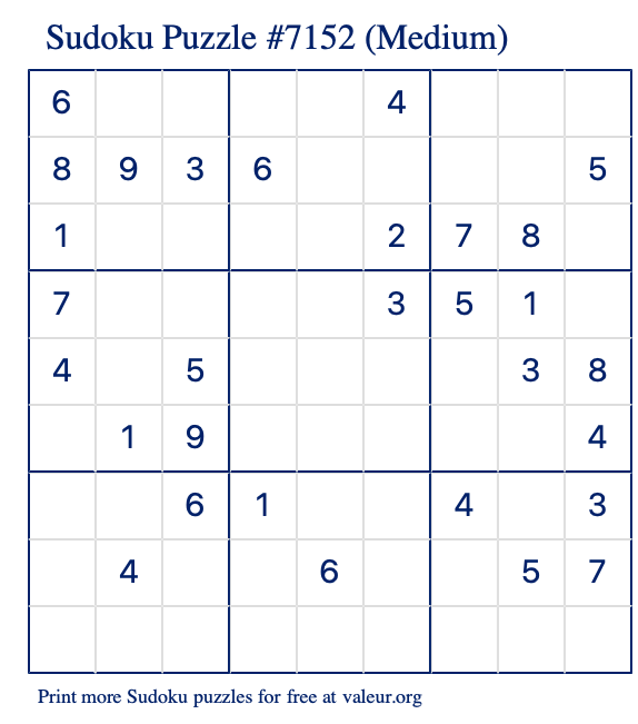 Free Printable Medium Sudoku Puzzle number 7152