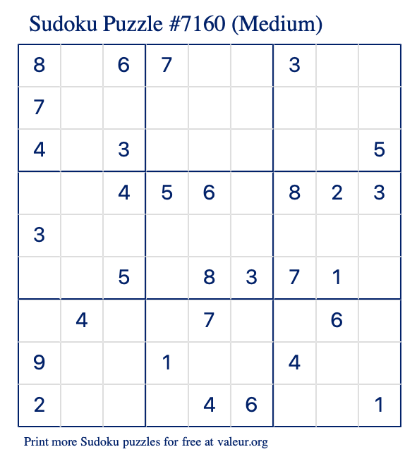 Free Printable Medium Sudoku Puzzle number 7160