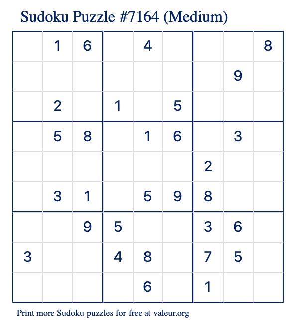 Free Printable Medium Sudoku Puzzle number 7164