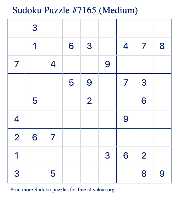 Free Printable Medium Sudoku Puzzle number 7165