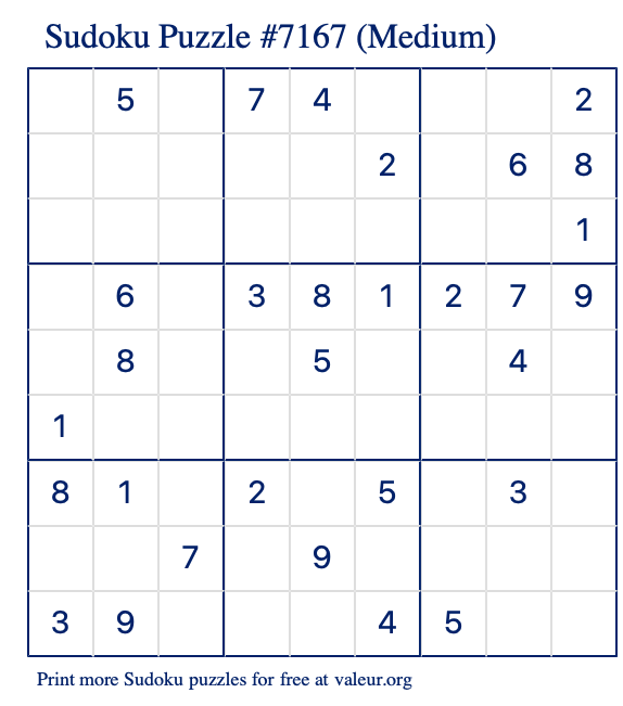 Free Printable Medium Sudoku Puzzle number 7167