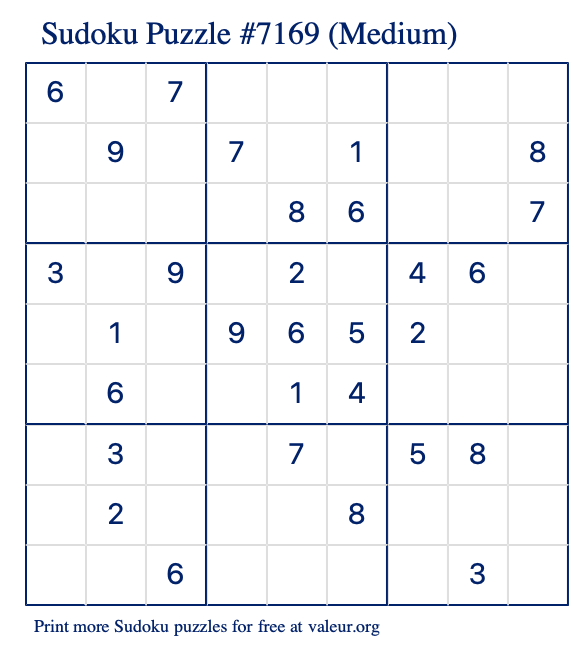 Free Printable Medium Sudoku Puzzle number 7169