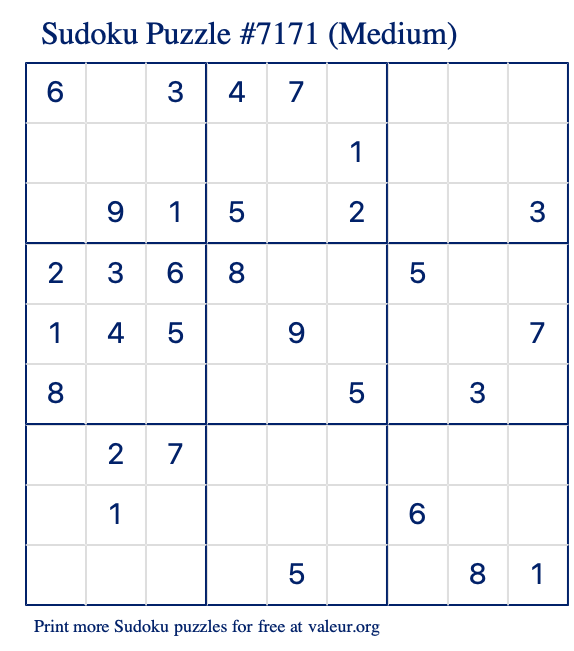 Free Printable Medium Sudoku Puzzle number 7171