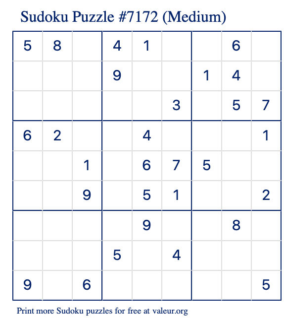 Free Printable Medium Sudoku Puzzle number 7172