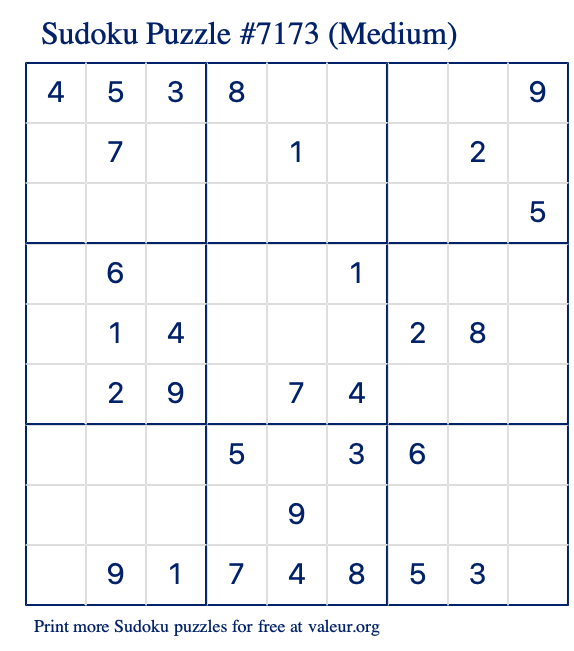 Free Printable Medium Sudoku Puzzle number 7173