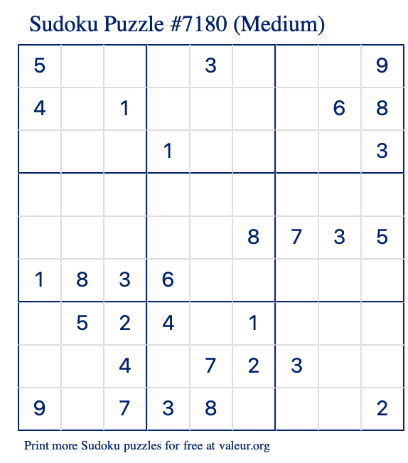 Free Printable Medium Sudoku Puzzle number 7180