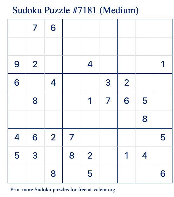 Free Printable Medium Sudoku Puzzle number 7181