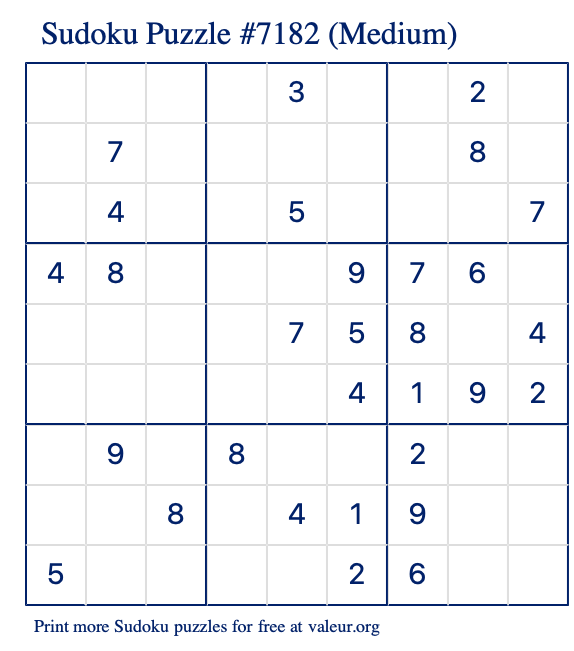 Free Printable Medium Sudoku Puzzle number 7182