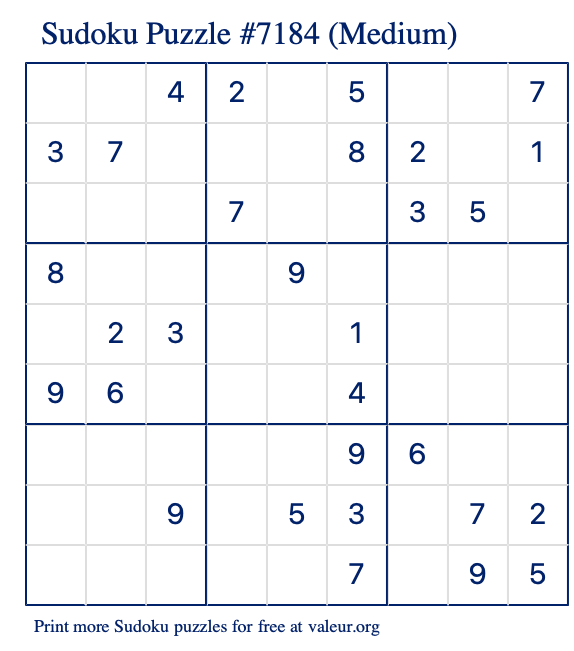 Free Printable Medium Sudoku Puzzle number 7184