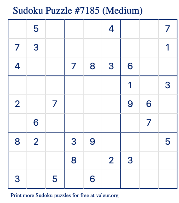 Free Printable Medium Sudoku Puzzle number 7185