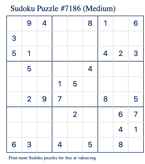 Free Printable Medium Sudoku Puzzle number 7186