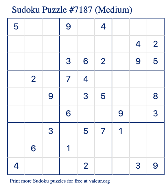 Free Printable Medium Sudoku Puzzle number 7187