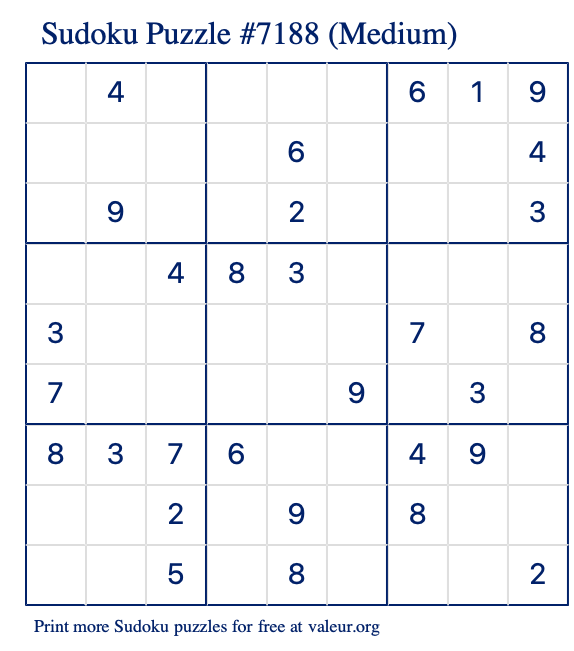 Free Printable Medium Sudoku Puzzle number 7188