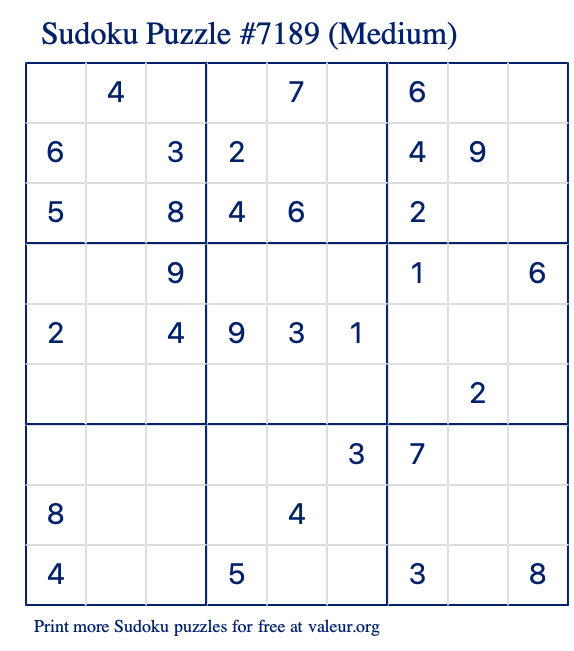 Free Printable Medium Sudoku Puzzle number 7189