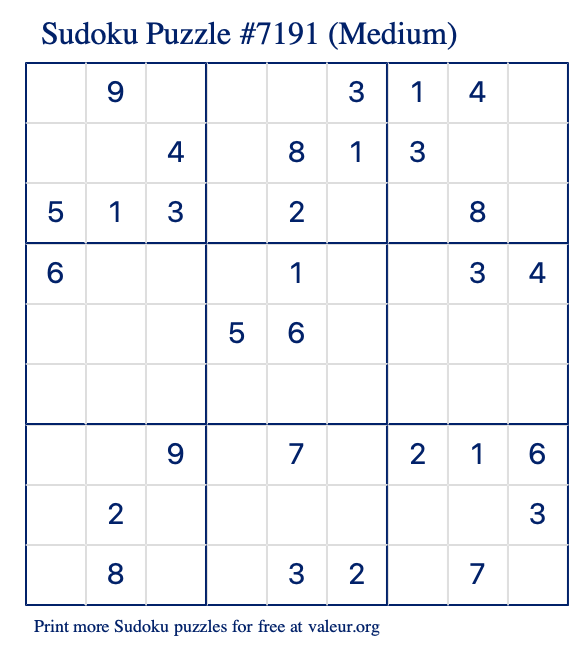 Free Printable Medium Sudoku Puzzle number 7191