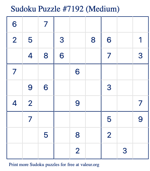 Free Printable Medium Sudoku Puzzle number 7192