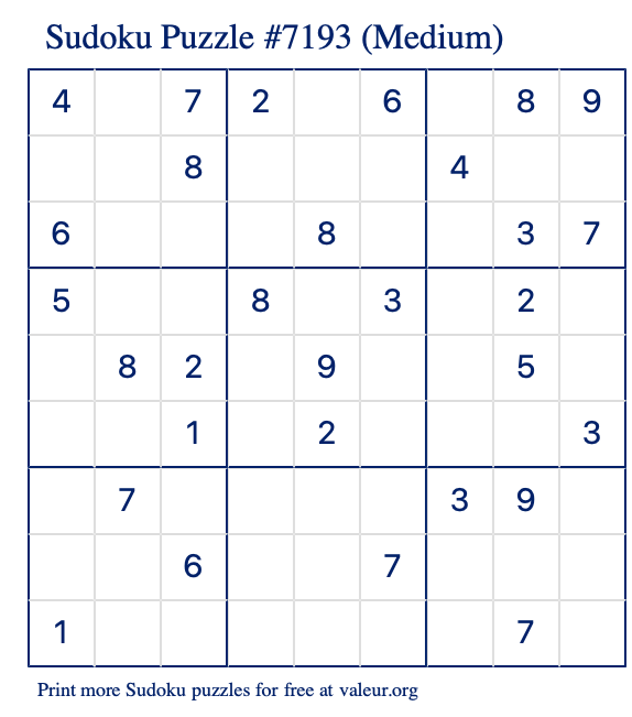 Free Printable Medium Sudoku Puzzle number 7193
