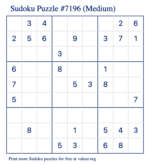 Free Printable Medium Sudoku Puzzle number 7196