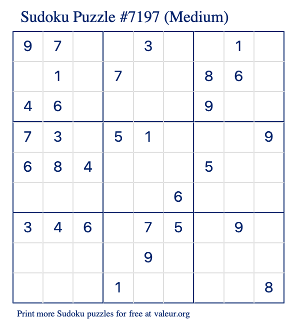 Free Printable Medium Sudoku Puzzle number 7197