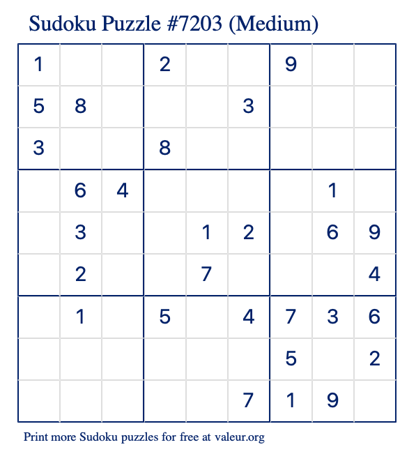 Free Printable Medium Sudoku Puzzle number 7203