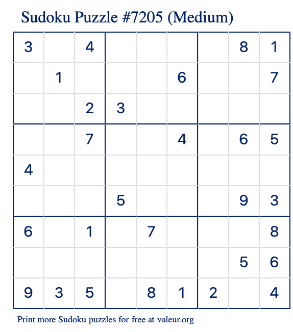 Free Printable Medium Sudoku Puzzle number 7205