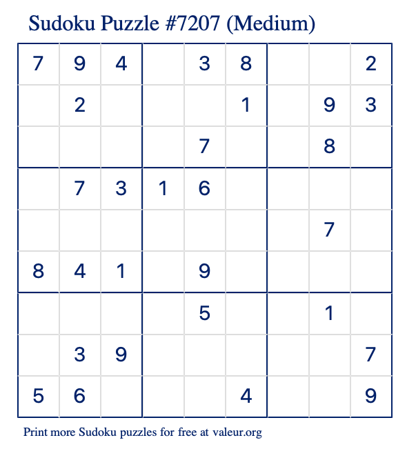 Free Printable Medium Sudoku Puzzle number 7207