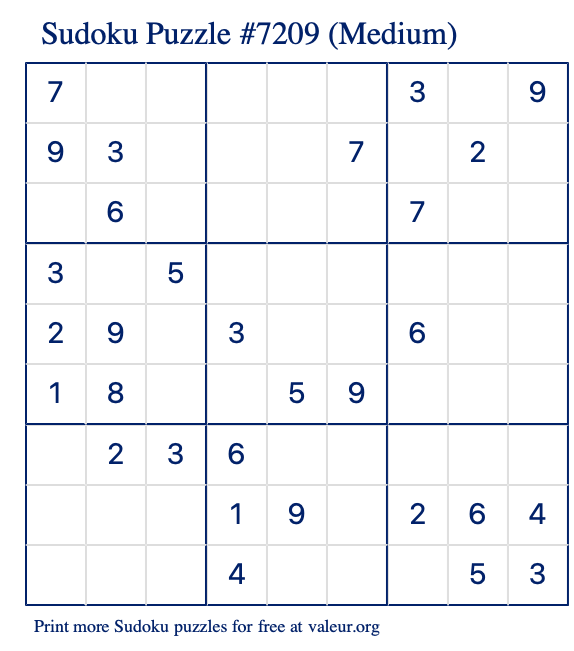 Free Printable Medium Sudoku Puzzle number 7209