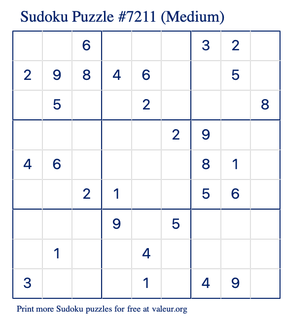 Free Printable Medium Sudoku Puzzle number 7211