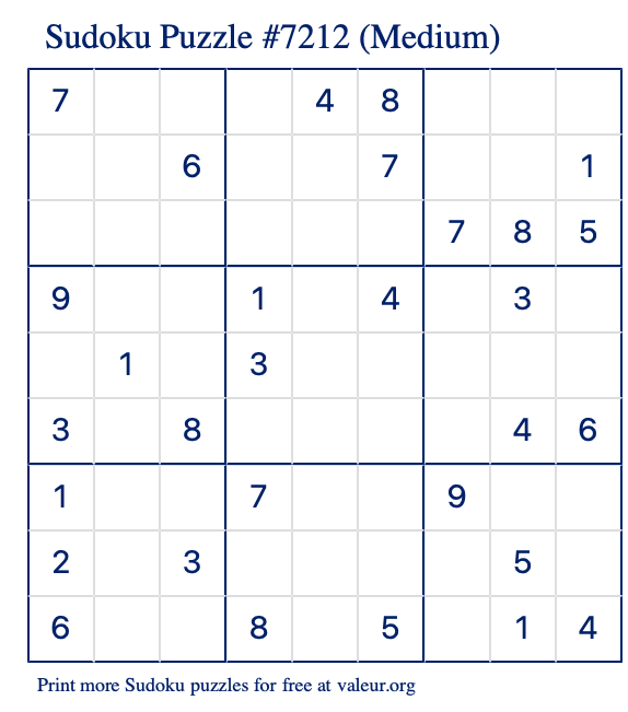 Free Printable Medium Sudoku Puzzle number 7212