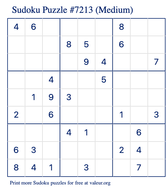 Free Printable Medium Sudoku Puzzle number 7213