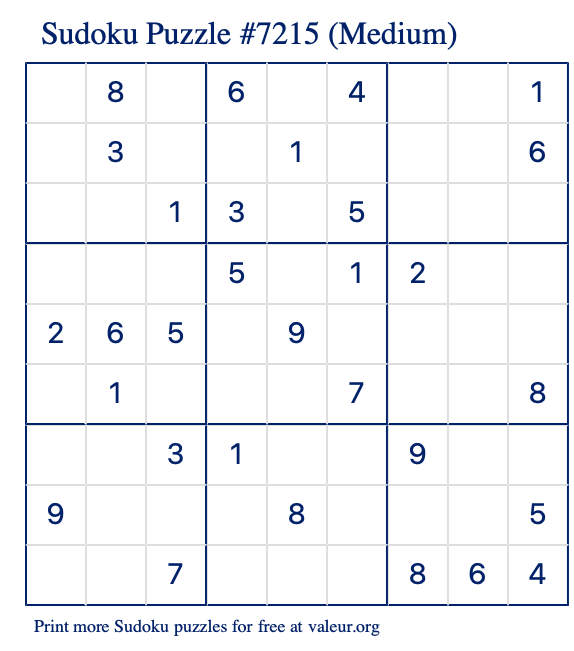 Free Printable Medium Sudoku Puzzle number 7215
