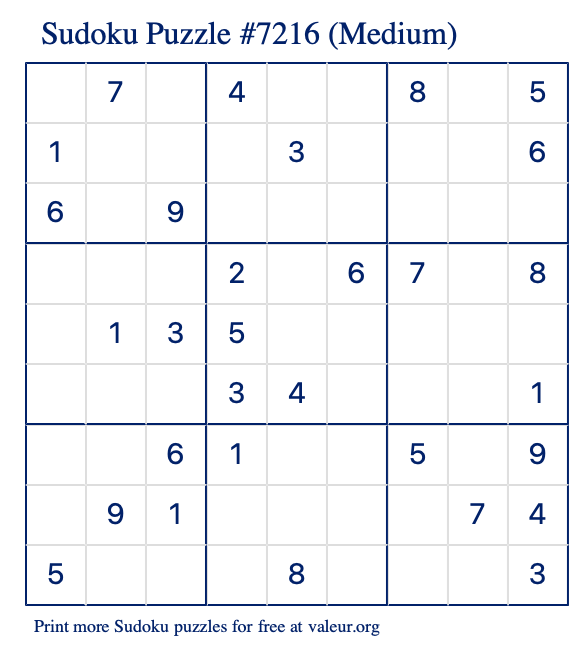 Free Printable Medium Sudoku Puzzle number 7216
