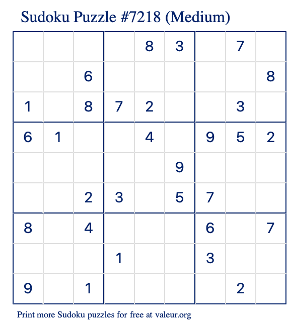 Free Printable Medium Sudoku Puzzle number 7218