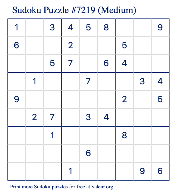 Free Printable Medium Sudoku Puzzle number 7219