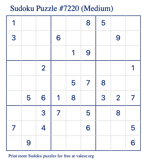 Free Printable Medium Sudoku Puzzle number 7220