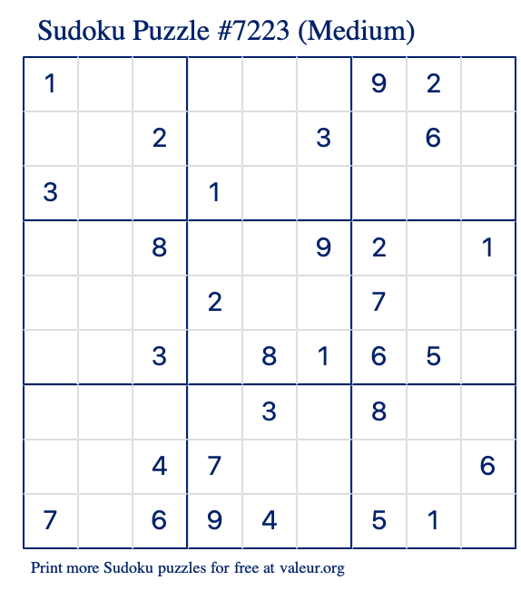 Free Printable Medium Sudoku Puzzle number 7223