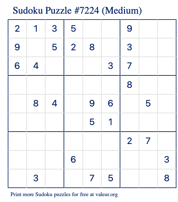 Free Printable Medium Sudoku Puzzle number 7224