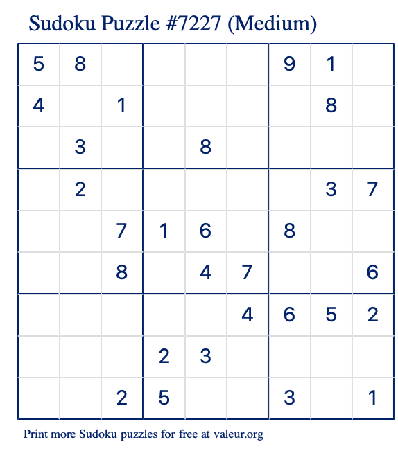 Free Printable Medium Sudoku Puzzle number 7227