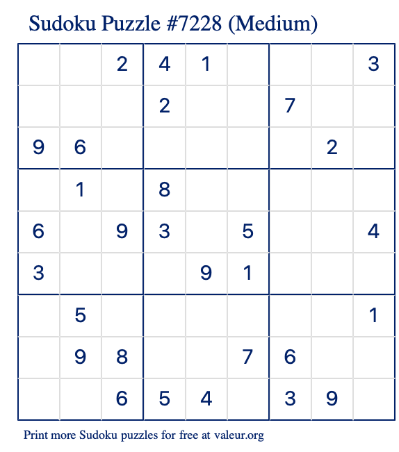 Free Printable Medium Sudoku Puzzle number 7228
