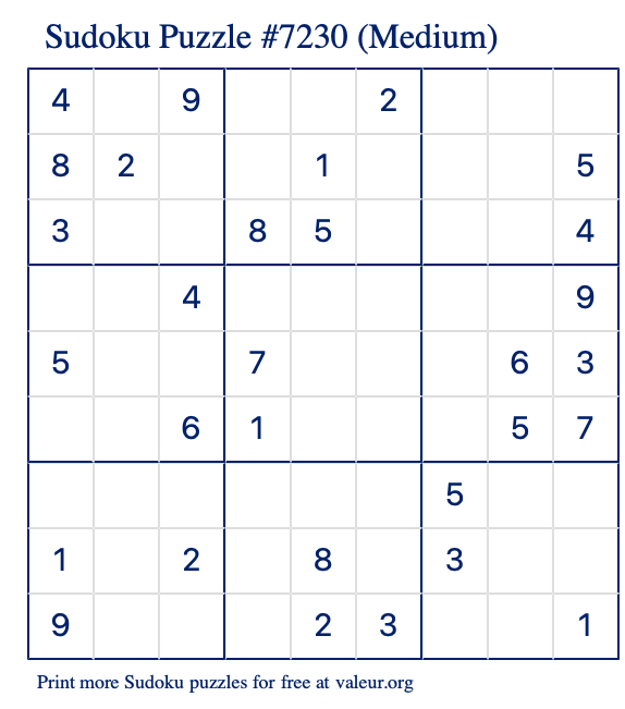 Free Printable Medium Sudoku Puzzle number 7230
