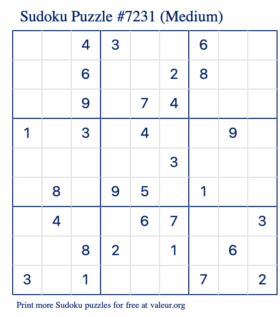 Free Printable Medium Sudoku Puzzle number 7231