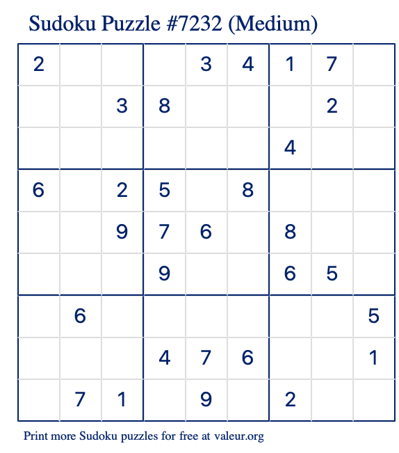 Free Printable Medium Sudoku Puzzle number 7232