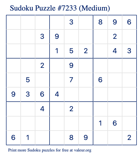 Free Printable Medium Sudoku Puzzle number 7233