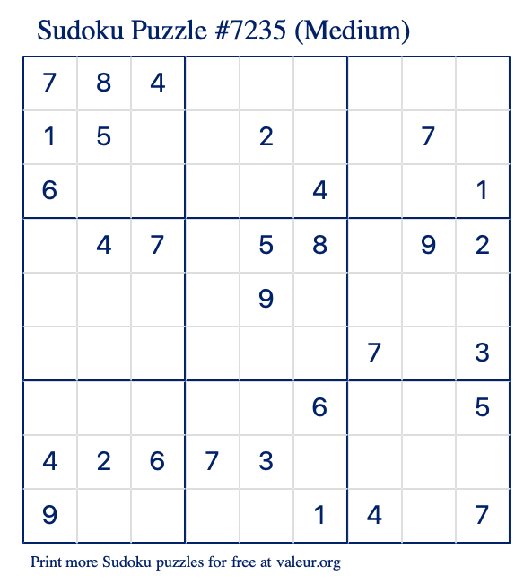 Free Printable Medium Sudoku Puzzle number 7235
