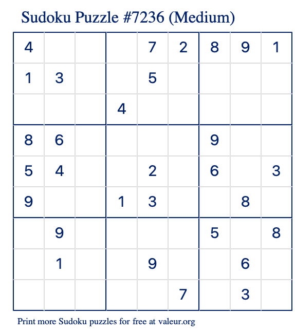 Free Printable Medium Sudoku Puzzle number 7236