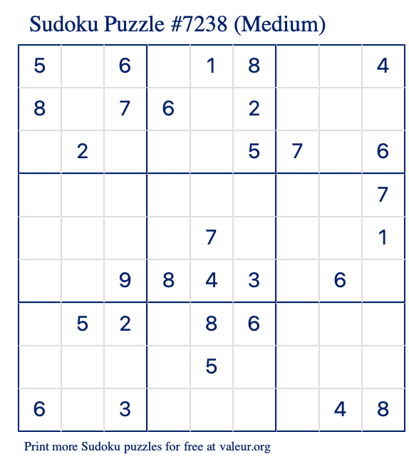 Free Printable Medium Sudoku Puzzle number 7238