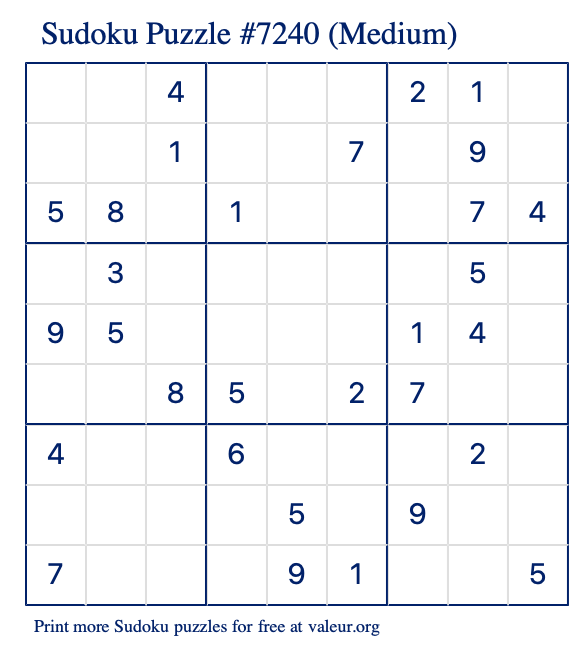 Free Printable Medium Sudoku Puzzle number 7240