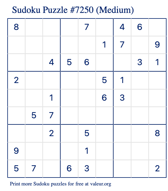Free Printable Medium Sudoku Puzzle number 7250